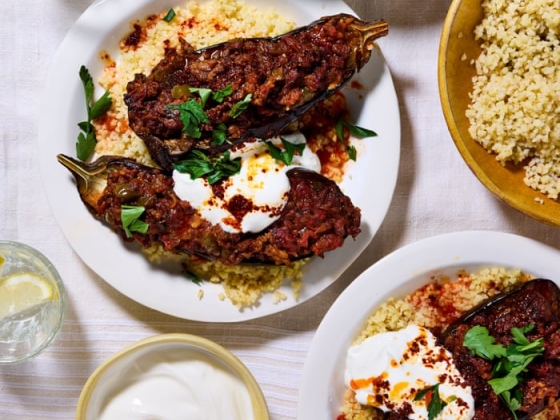 Thomasina Miers’ recipes for spiced lamb-stuffed aubergine with aleppo chilli butter, and berry ripple ice-cream